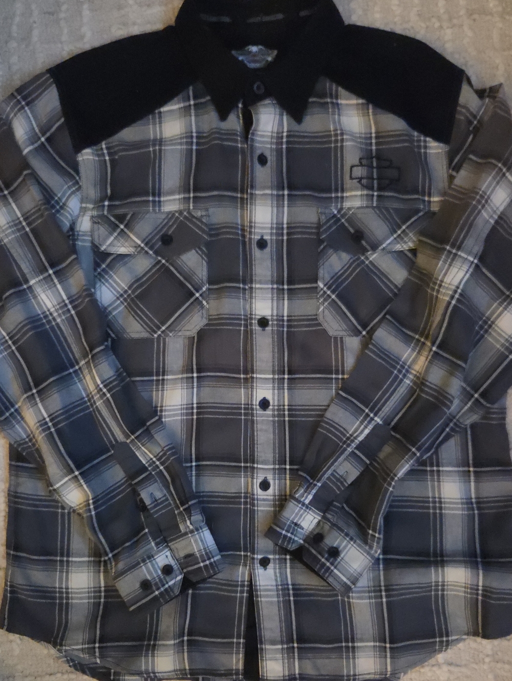 Harley-Davidson Gray Plaid Contrast Yoke Embroidered Back Graphic Shirt, XL